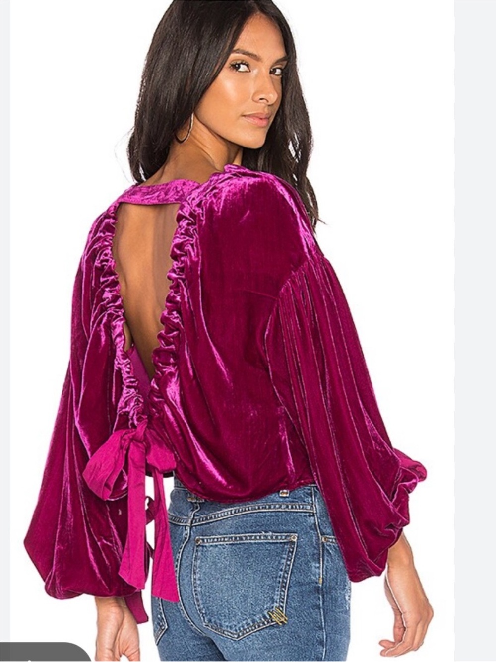 Free People Open-Back Velvet Blouse in Fuchsia with Tie Detail
